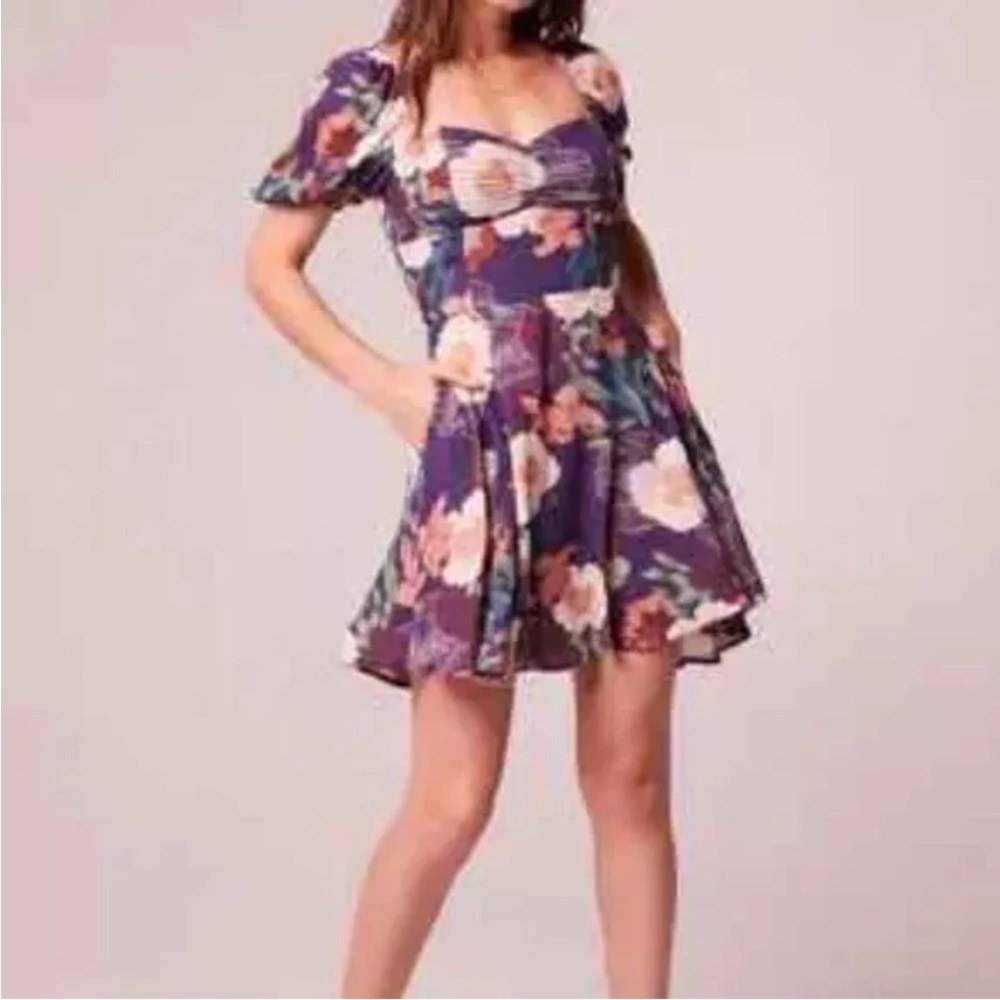 Band of Gypsies Aimee Purple Ivory Puff Sleeve Floral Mini Dress M NWT - Picture 4 of 8